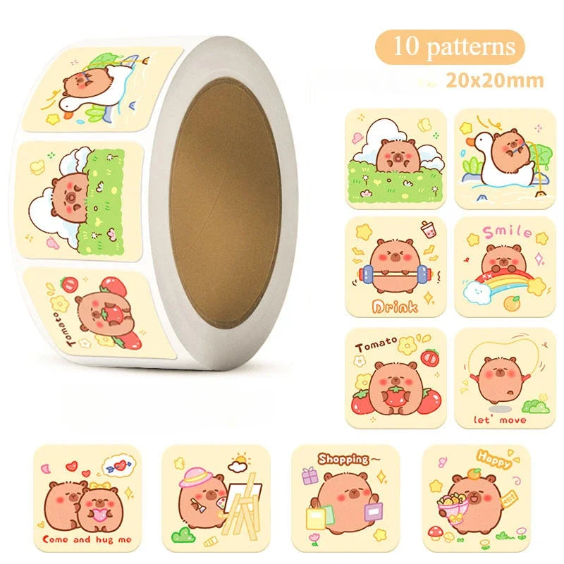 Roll of cartoon capybara stickers with various designs on a white background