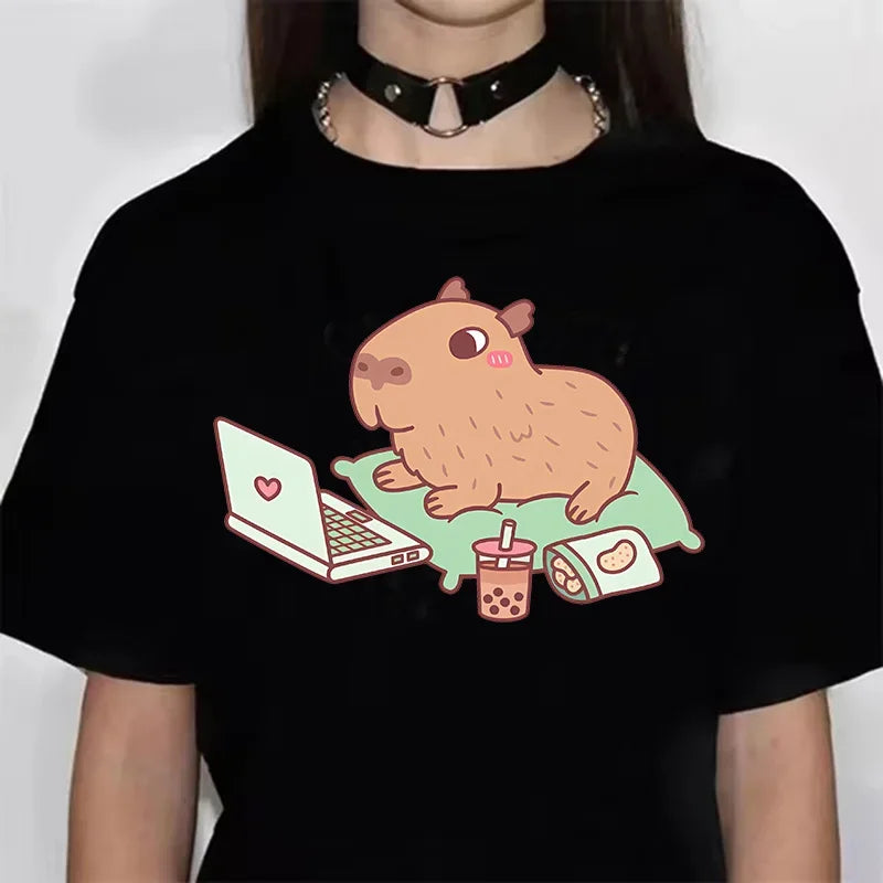 Funny Capybara Graphic T-Shirt – Soft Anime-Inspired Tee for Women