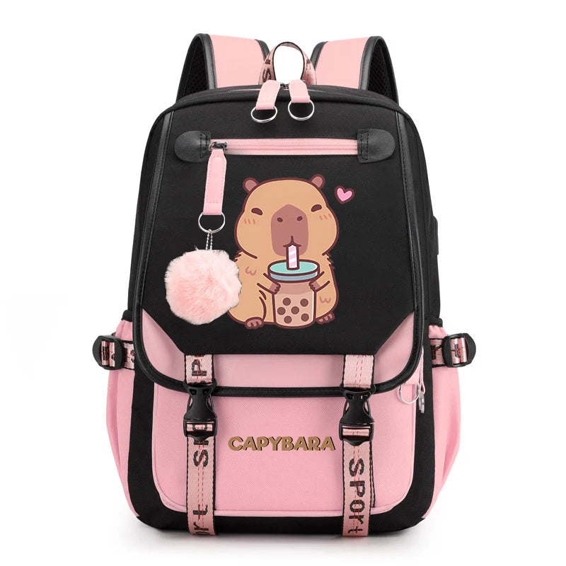 Cute Capybara Print Girls’ Backpack – USB Charging School Bag for Students