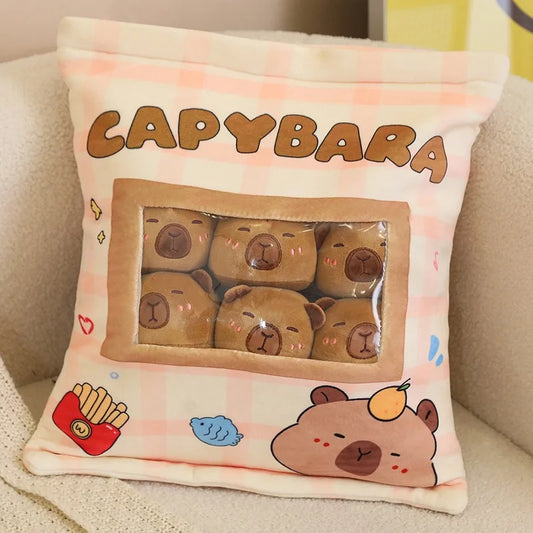 Capybara-themed pillow with cartoon capybaras and text on a soft background