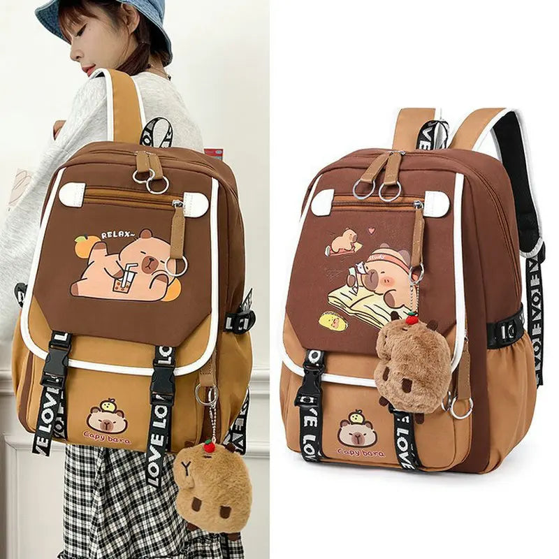 Waterproof Capybara Backpack or Schoolbag for Kids and Teenagers with Plush Keychain