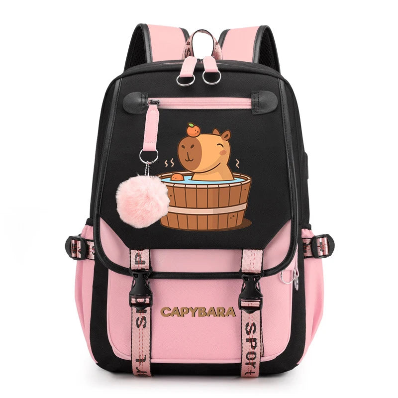 Cute Capybara Print Girls’ Backpack – USB Charging School Bag for Students