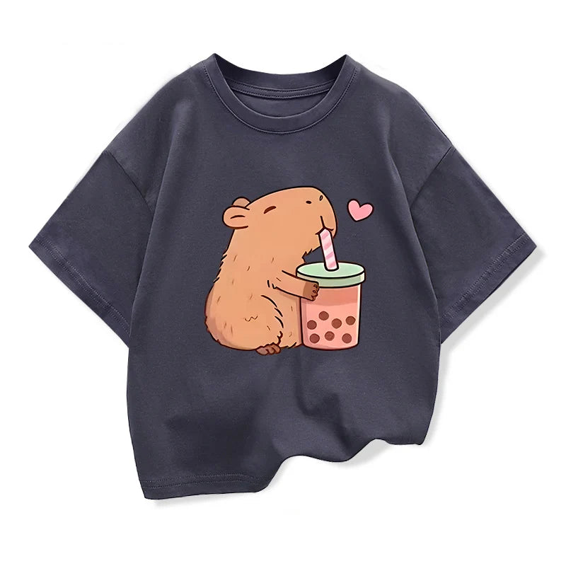 Capybara Cartoon T-Shirt for Kids – Summer Short Sleeve Tee