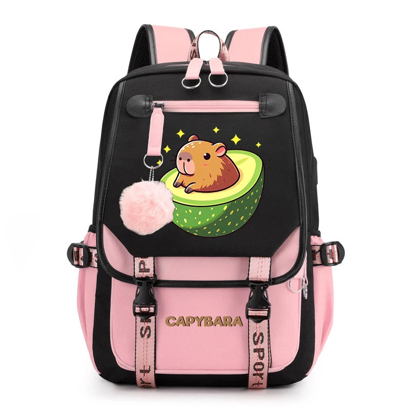 Cute Capybara Print Girls’ Backpack – USB Charging School Bag for Students