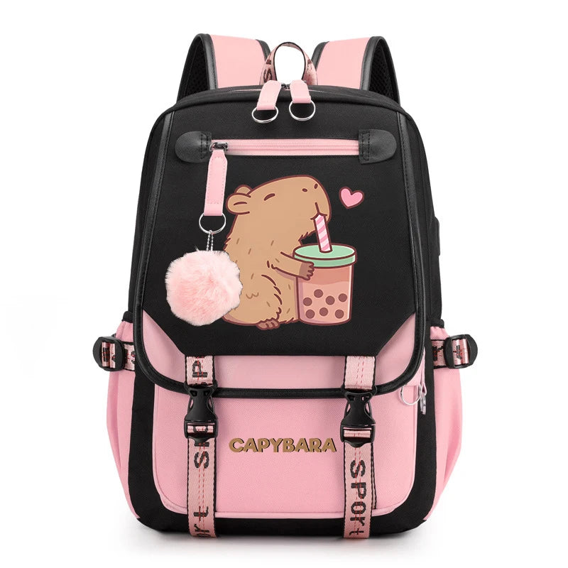 Cute Capybara Print Girls’ Backpack – USB Charging School Bag for Students