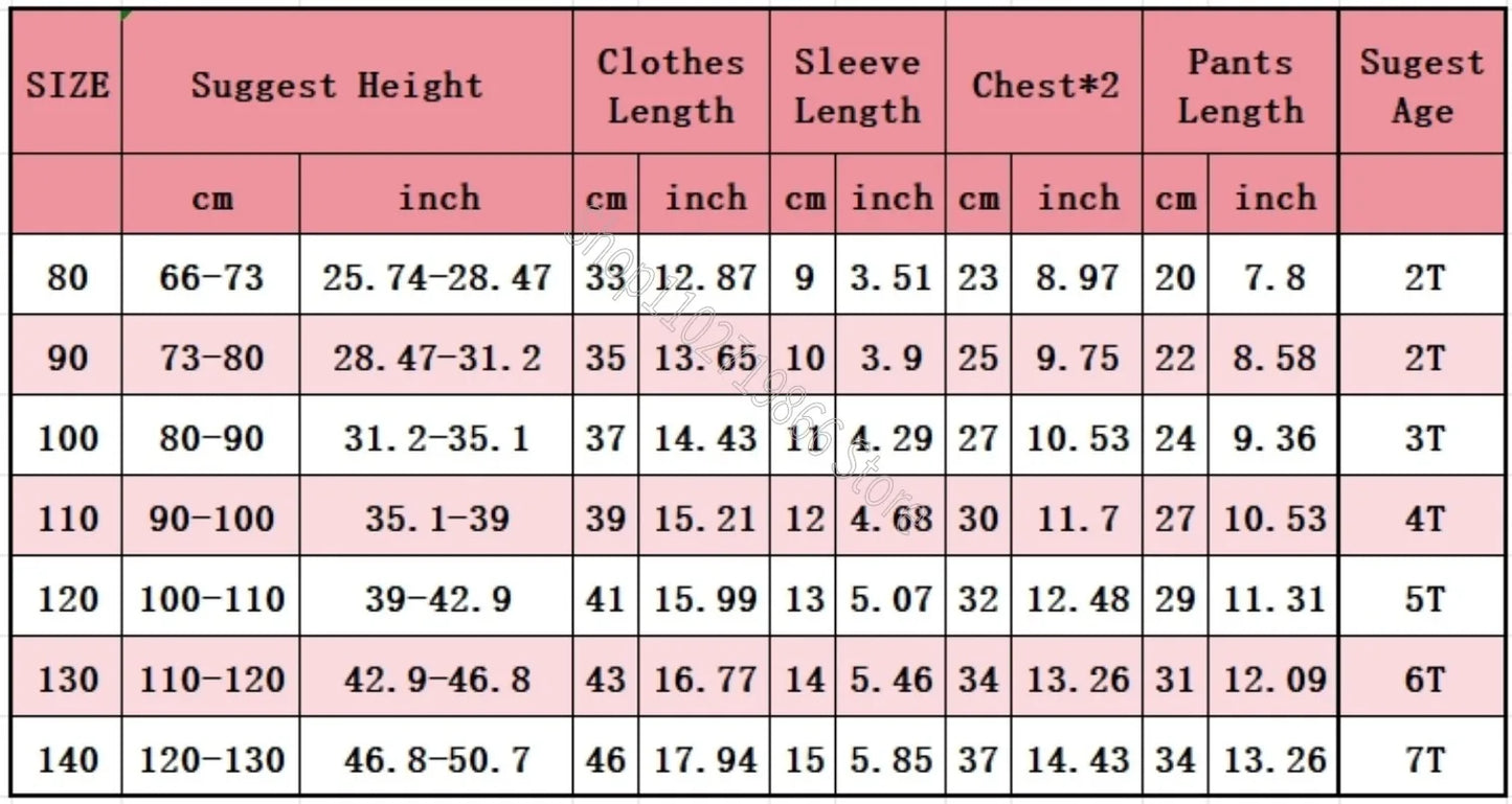 Table of clothing size chart with measurements in centimeters and inches