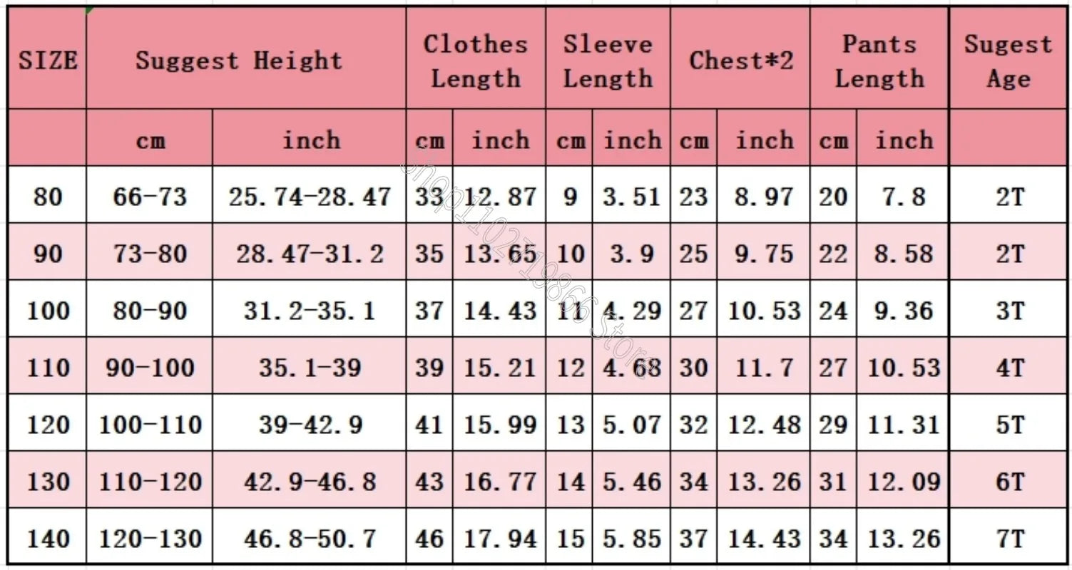 Table of clothing size chart with measurements in centimeters and inches