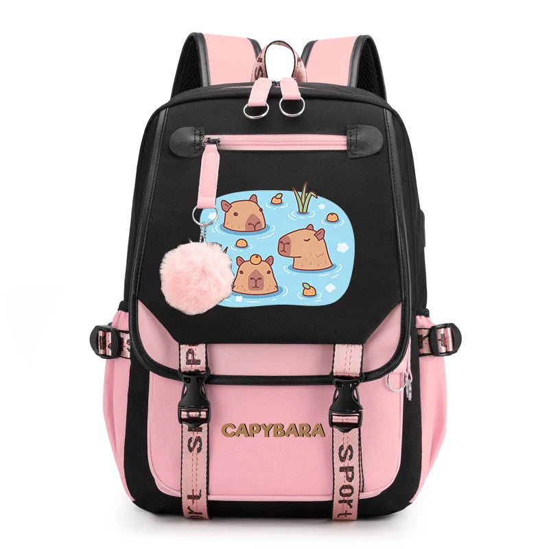 Cute Capybara Print Girls’ Backpack – USB Charging School Bag for Students