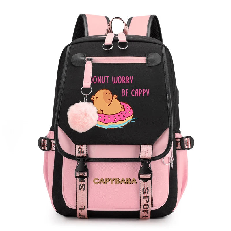 Cute Capybara Print Girls’ Backpack – USB Charging School Bag for Students