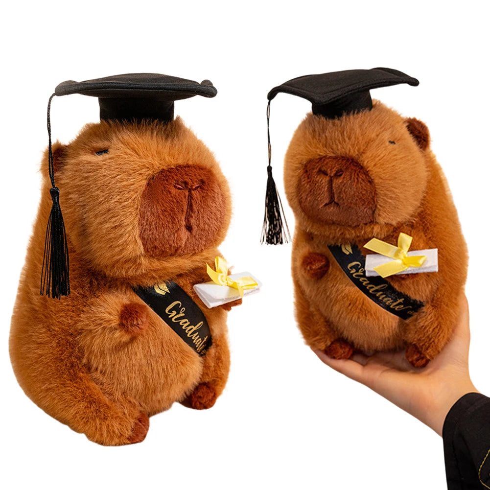 Two plush capybara in graduation attire with caps and tassels on a white background.