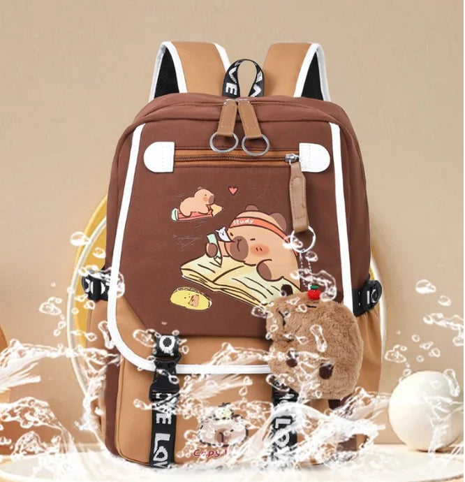 Waterproof Capybara Backpack or Schoolbag for Kids and Teenagers with Plush Keychain