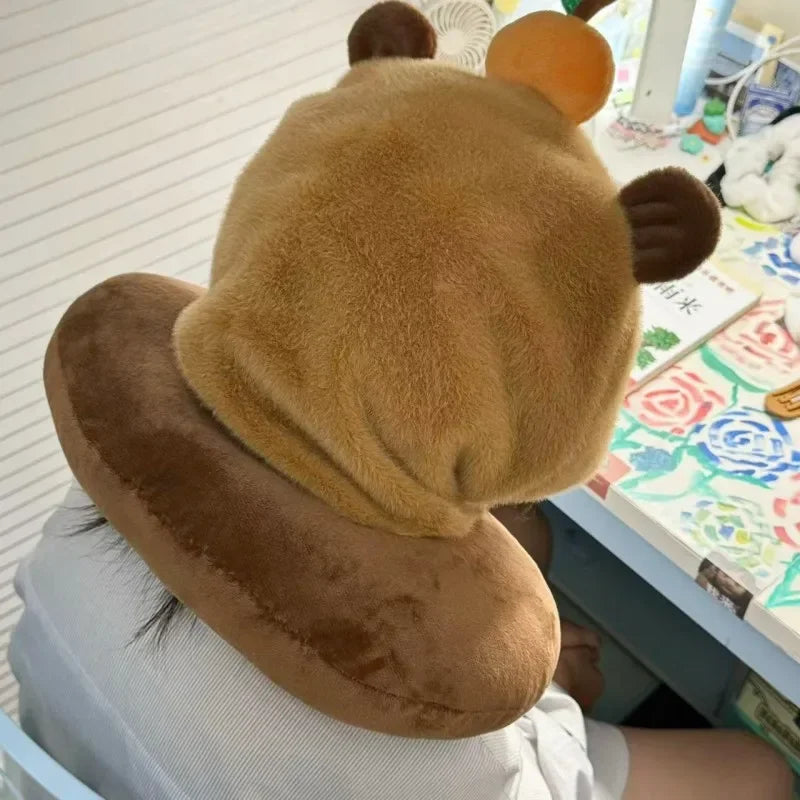 Capybara Plush Neck Pillow – Kawaii U-Shaped Travel Pillow with Hat