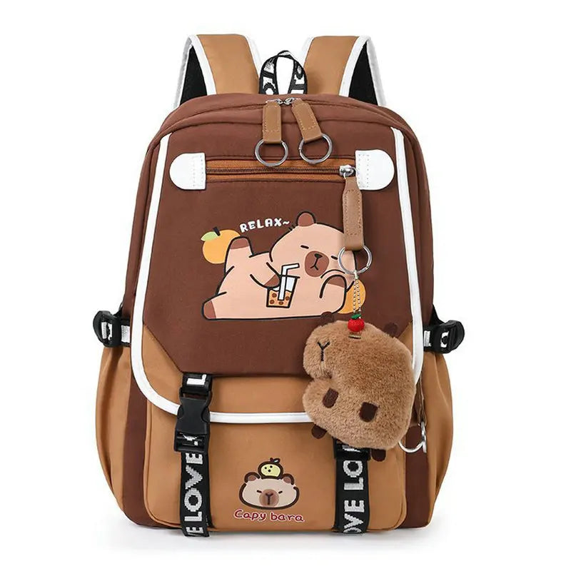 Waterproof Capybara Backpack or Schoolbag for Kids and Teenagers with Plush Keychain