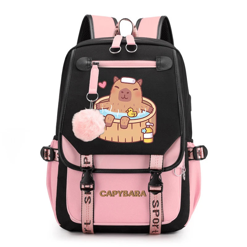 Cute Capybara Print Girls’ Backpack – USB Charging School Bag for Students