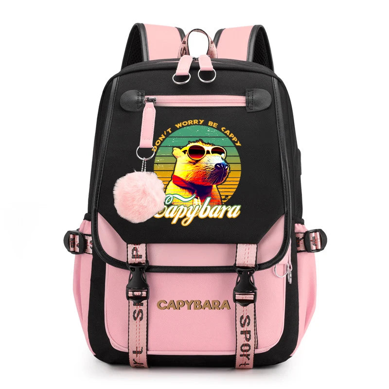 Cute Capybara Print Girls’ Backpack – USB Charging School Bag for Students