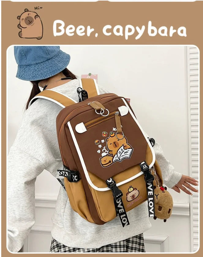 Waterproof Capybara Backpack or Schoolbag for Kids and Teenagers with Plush Keychain