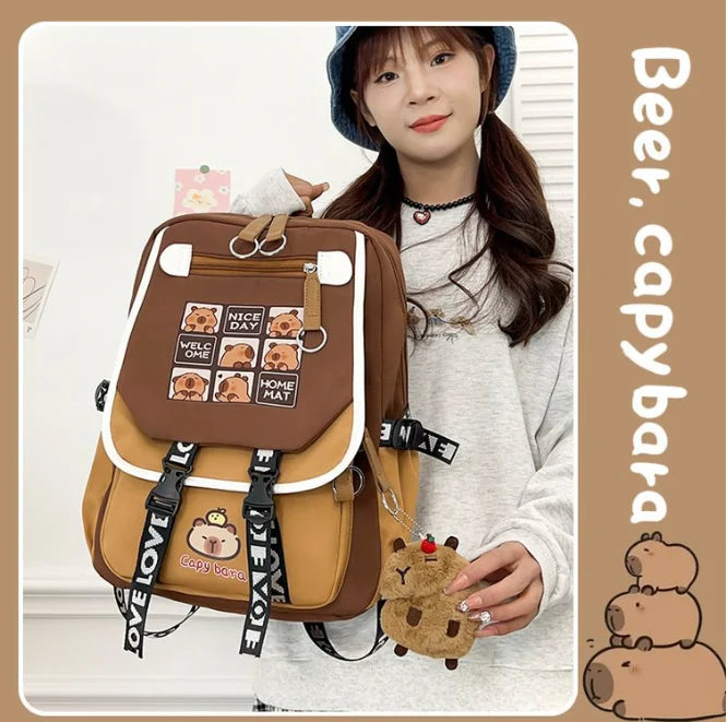 Waterproof Capybara Backpack or Schoolbag for Kids and Teenagers with Plush Keychain