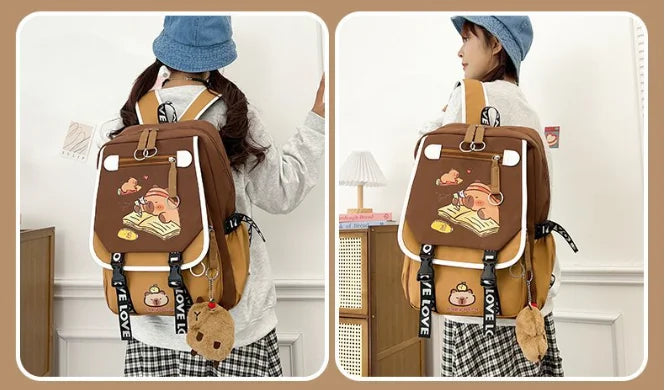 Waterproof Capybara Backpack or Schoolbag for Kids and Teenagers with Plush Keychain
