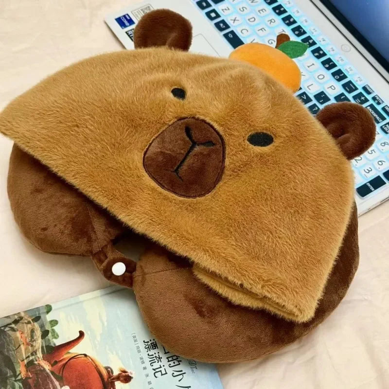 Capybara Plush Neck Pillow – Kawaii U-Shaped Travel Pillow with Hat