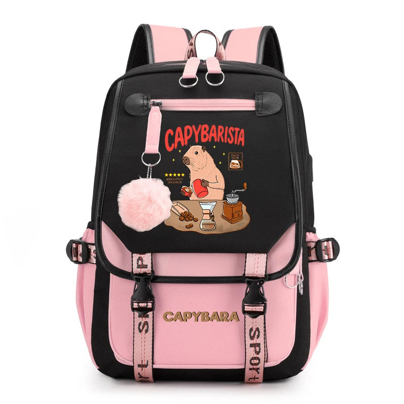 Cute Capybara Print Girls’ Backpack – USB Charging School Bag for Students
