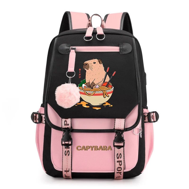 Cute Capybara Print Girls’ Backpack – USB Charging School Bag for Students