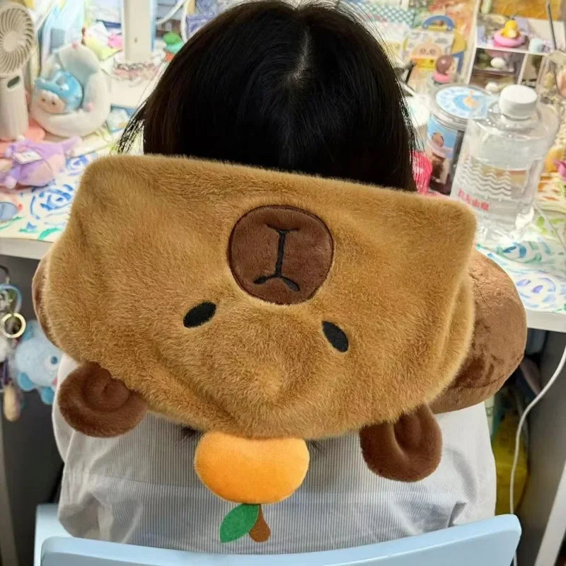 Capybara Plush Neck Pillow – Kawaii U-Shaped Travel Pillow with Hat