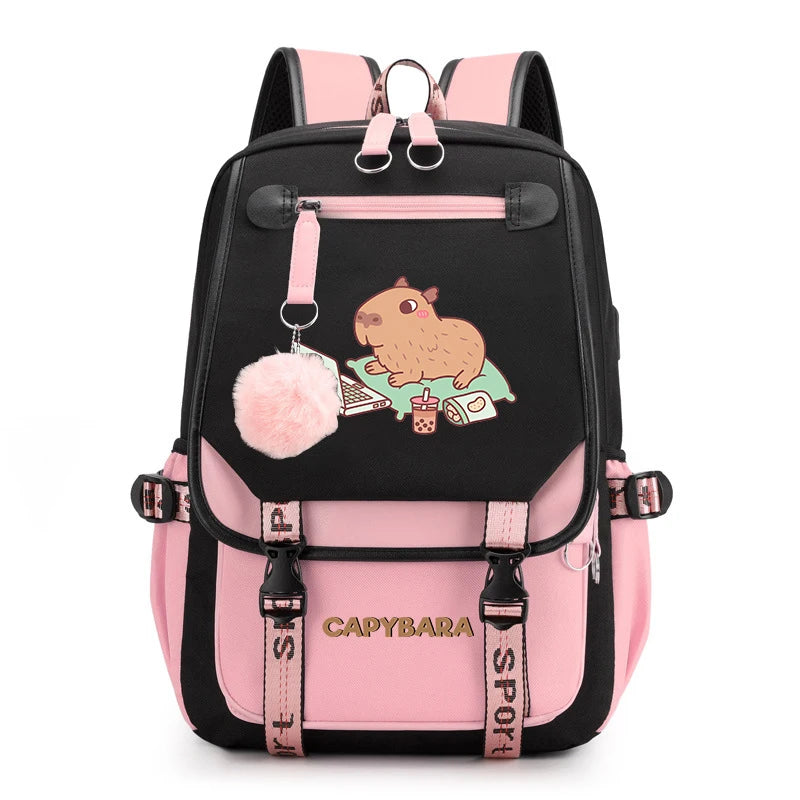 Cute Capybara Print Girls’ Backpack – USB Charging School Bag for Students