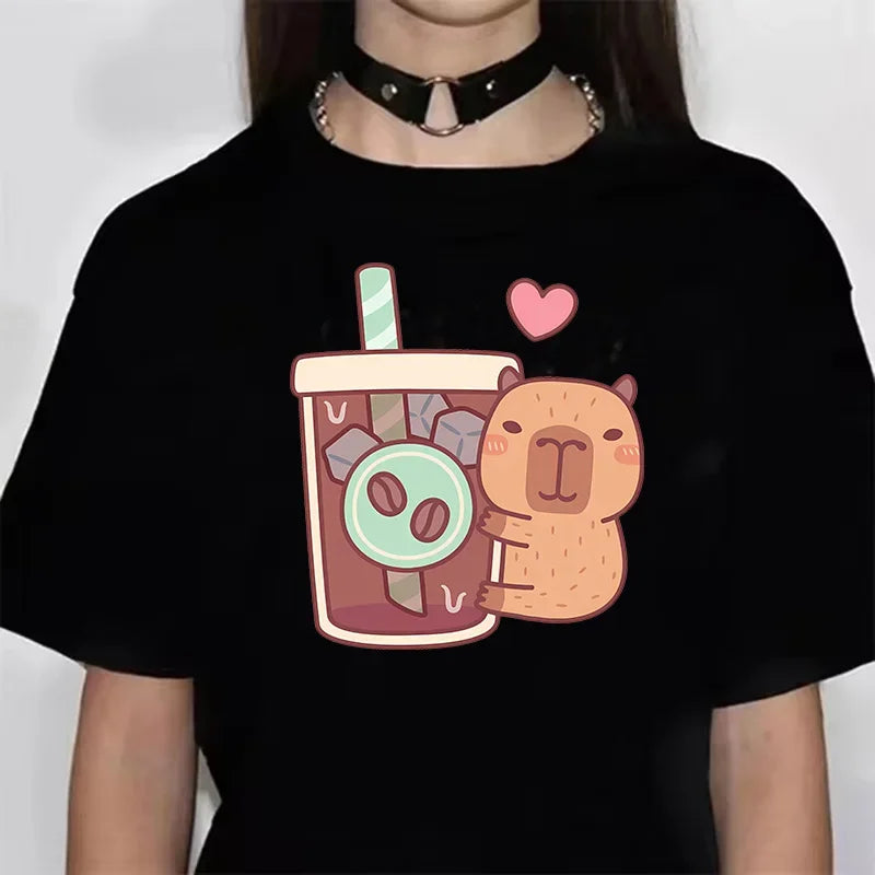 Funny Capybara Graphic T-Shirt – Soft Anime-Inspired Tee for Women