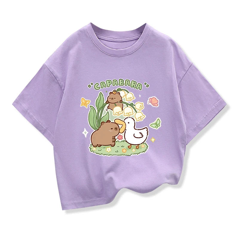 Capybara Print 100%Cotton T-shirt For Kids 3-12 Years Girls