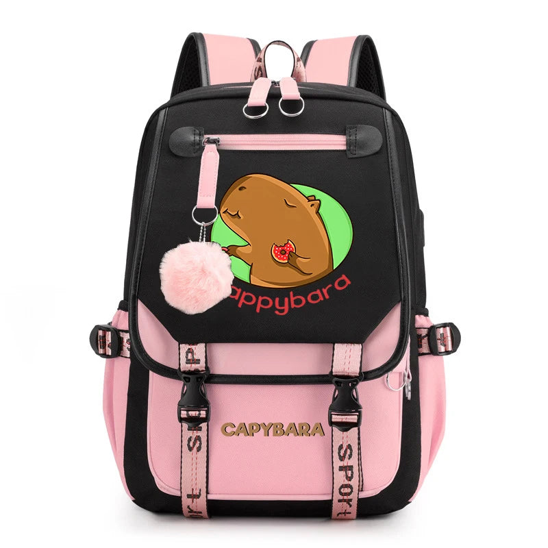 Cute Capybara Print Girls’ Backpack – USB Charging School Bag for Students
