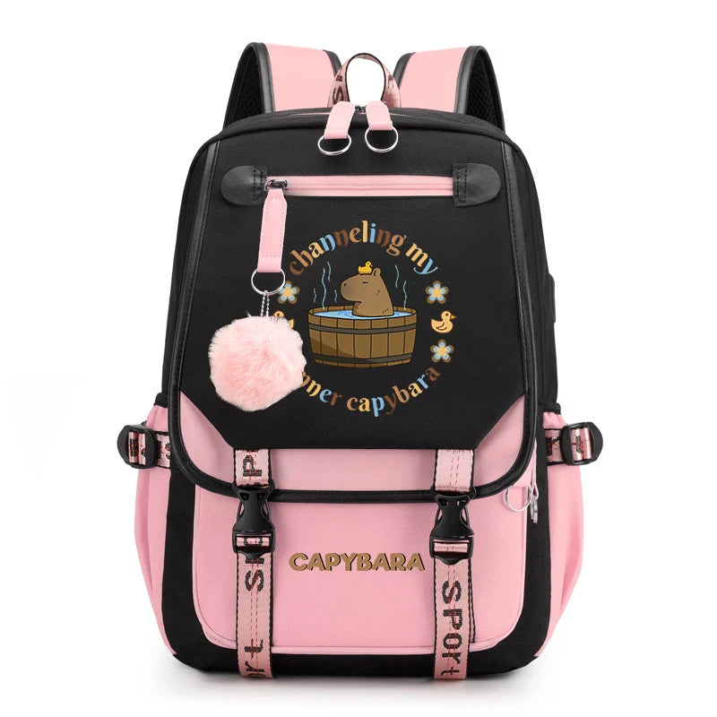 Cute Capybara Print Girls’ Backpack – USB Charging School Bag for Students