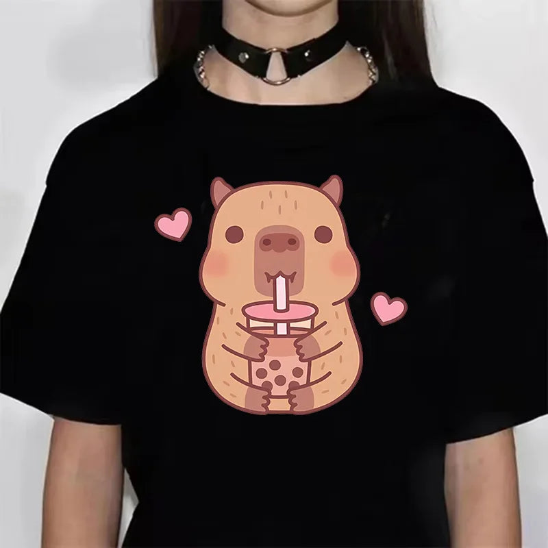 Funny Capybara Graphic T-Shirt – Soft Anime-Inspired Tee for Women