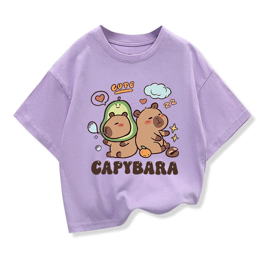 Capybara Print 100%Cotton T-shirt For Kids 3-12 Years Girls