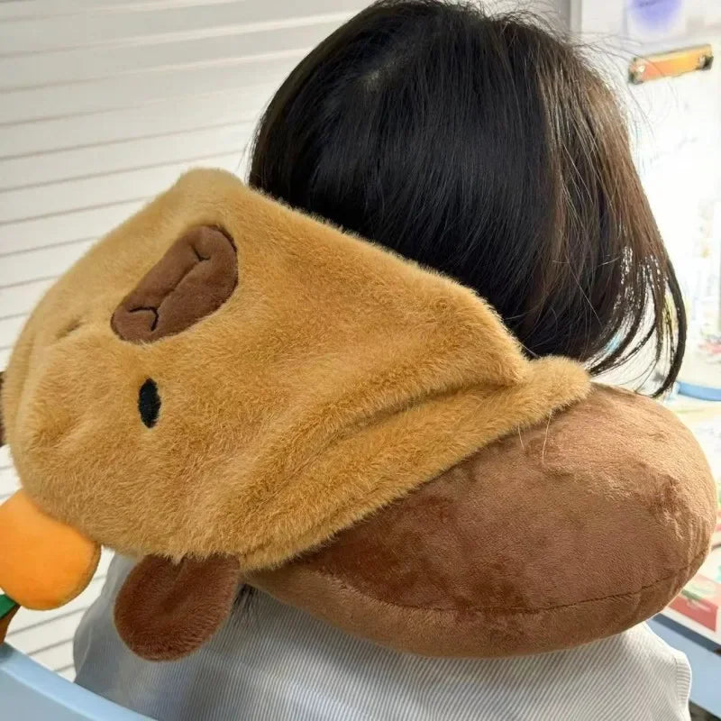 Capybara Plush Neck Pillow – Kawaii U-Shaped Travel Pillow with Hat