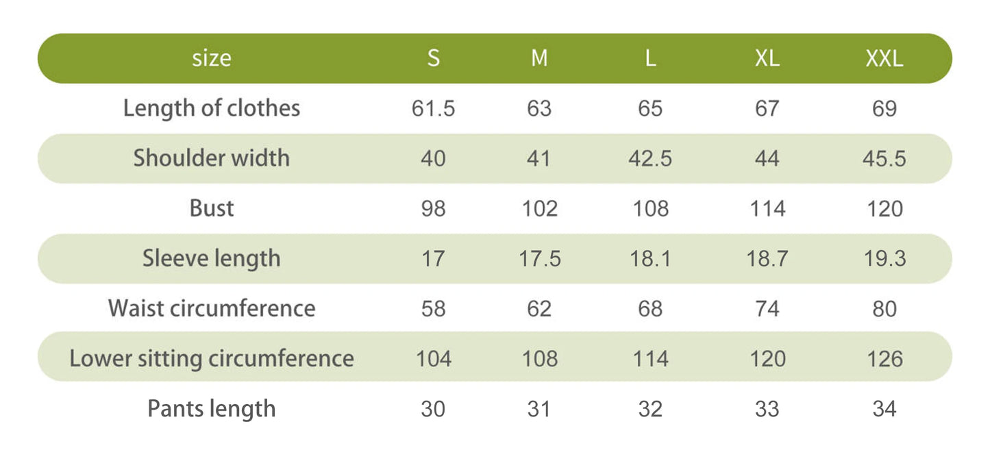Measurement chart for clothing sizes S to XXL with details on length, shoulder width, bust, sleeve length, waist circumference, lower sitting circumference, and pants length.