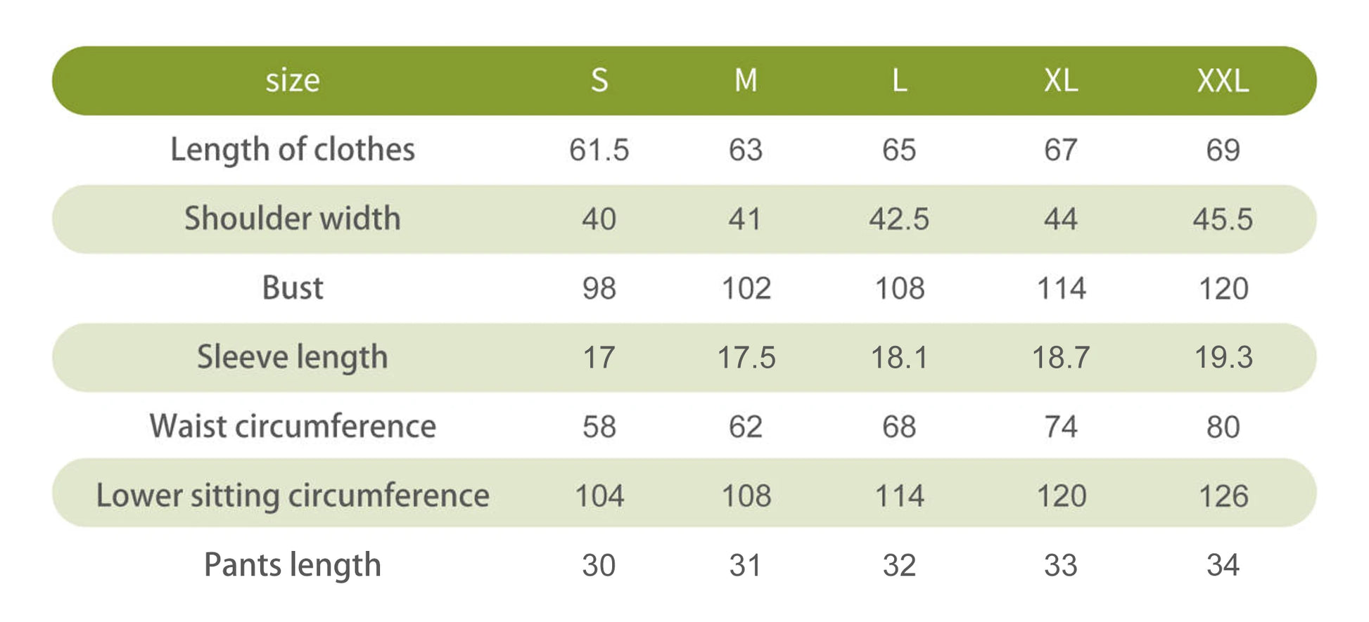 Measurement chart for clothing sizes S to XXL with details on length, shoulder width, bust, sleeve length, waist circumference, lower sitting circumference, and pants length.