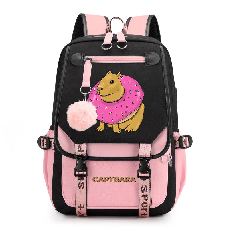 Cute Capybara Print Girls’ Backpack – USB Charging School Bag for Students