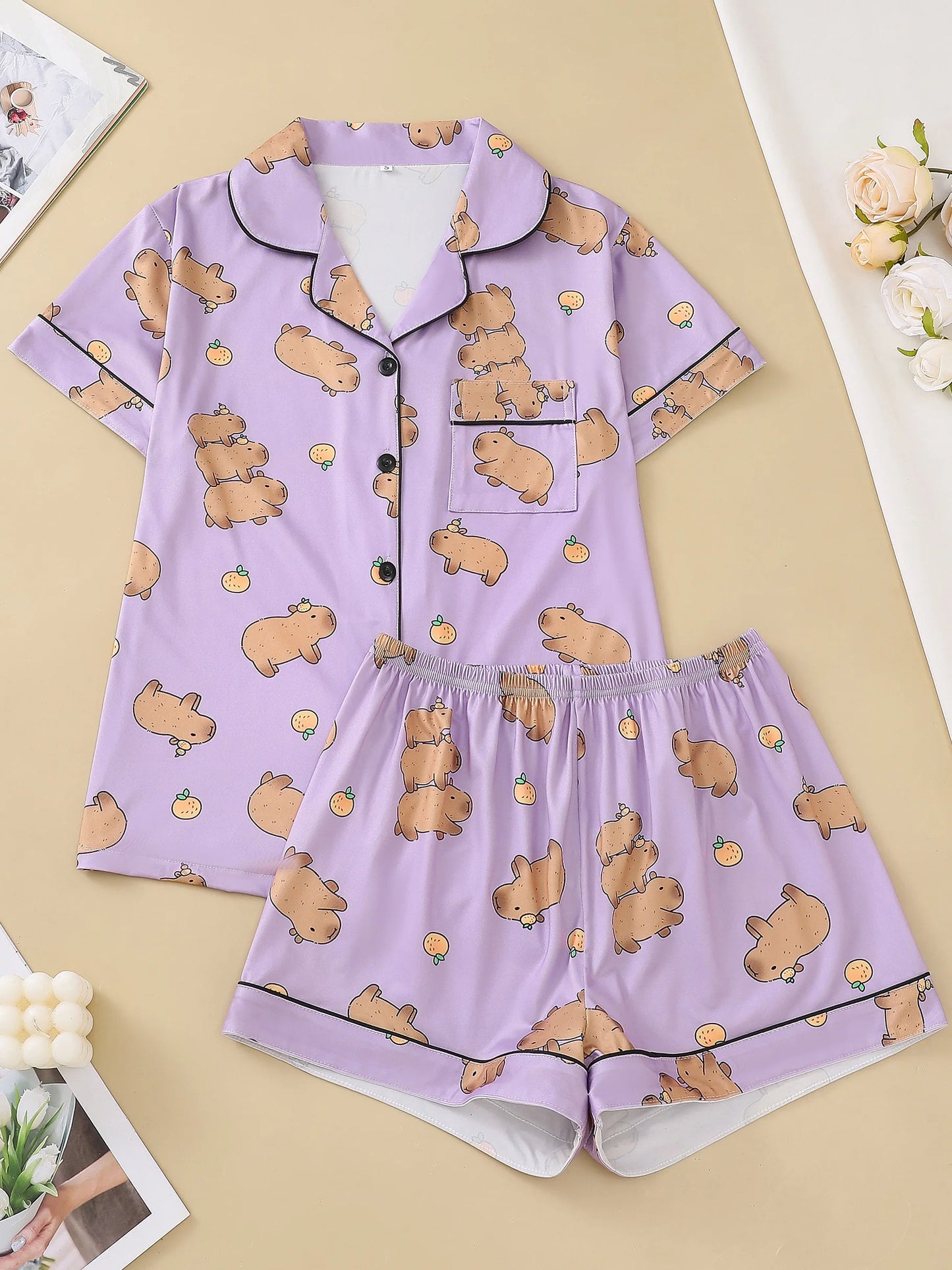 Women’s 2-Piece Capybara Pajama Set – Cute Animal Print Short Sleeve Top & Stretch Shorts