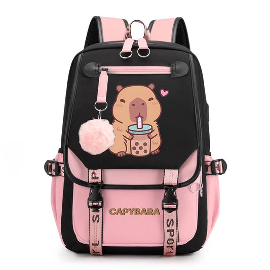 Cute Capybara Print Girls’ Backpack – USB Charging School Bag for Students