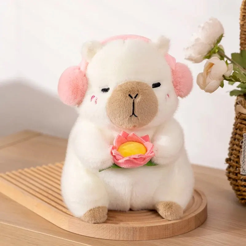 Cute Capybara Plush Toy – Soft Stuffed Animal Doll Holding Flower (25cm)