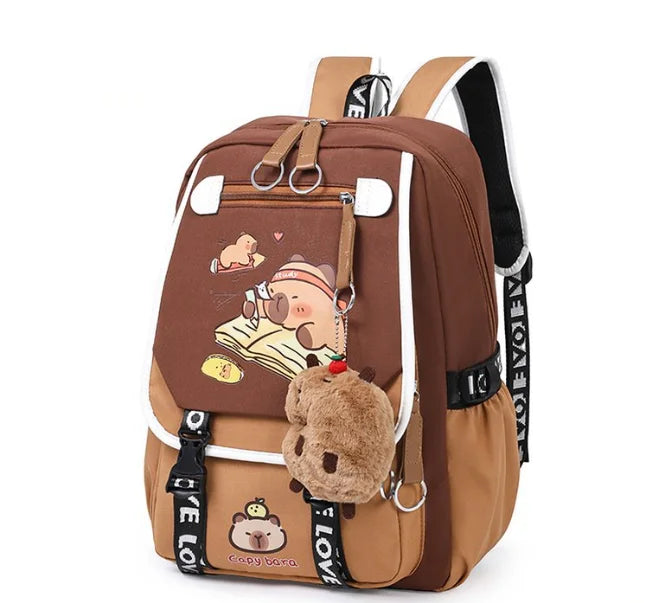 Waterproof Capybara Backpack or Schoolbag for Kids and Teenagers with Plush Keychain