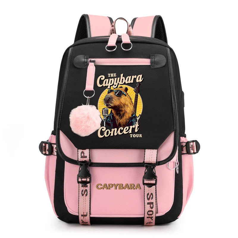 Cute Capybara Print Girls’ Backpack – USB Charging School Bag for Students