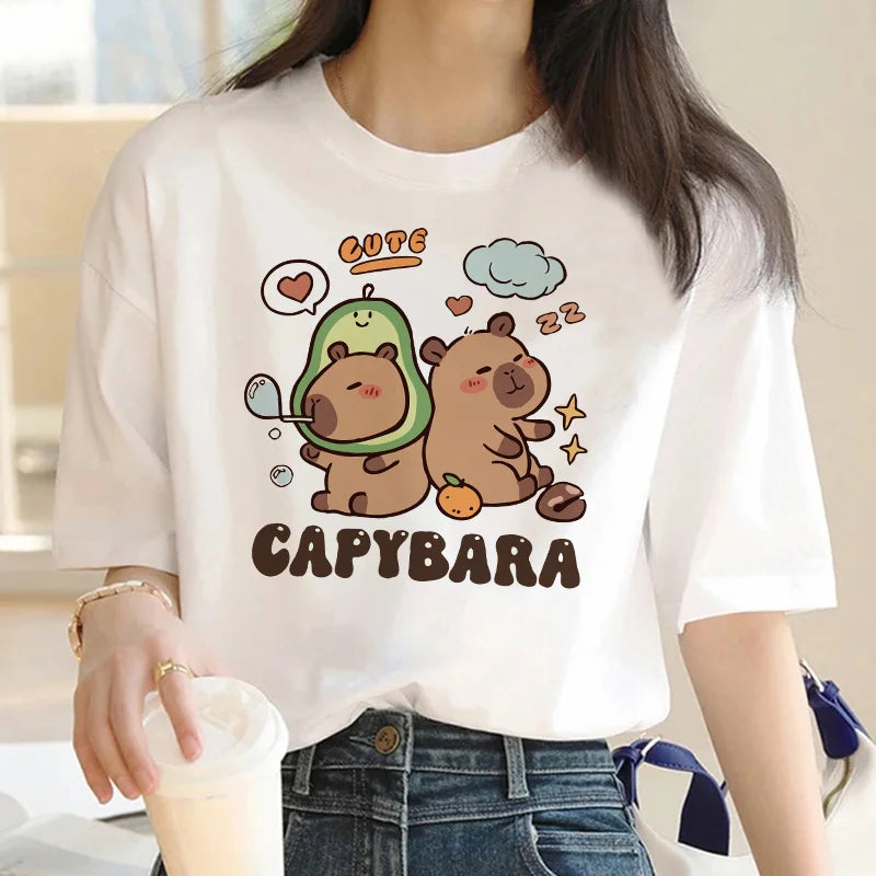 2025 New! Cute Cartoon Capybara Print T-Shirt (Women's/Girls'/Teens')