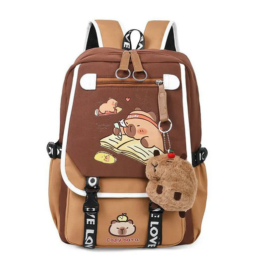 Waterproof Capybara Backpack or Schoolbag for Kids and Teenagers with Plush Keychain