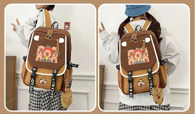Waterproof Capybara Backpack or Schoolbag for Kids and Teenagers with Plush Keychain