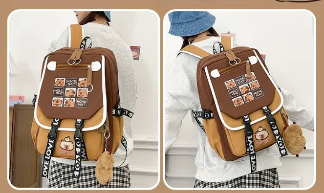 Waterproof Capybara Backpack or Schoolbag for Kids and Teenagers with Plush Keychain