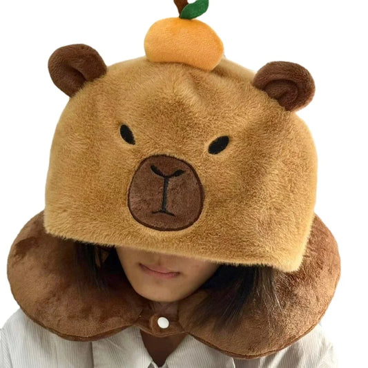 Capybara Plush Neck Pillow – Kawaii U-Shaped Travel Pillow with Hat