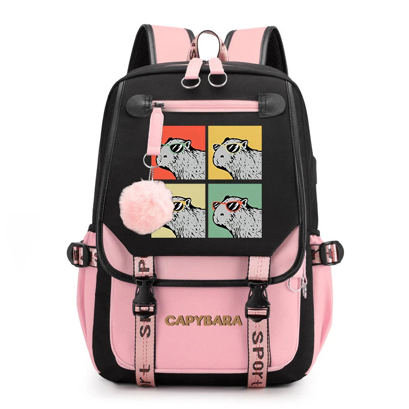 Cute Capybara Print Girls’ Backpack – USB Charging School Bag for Students