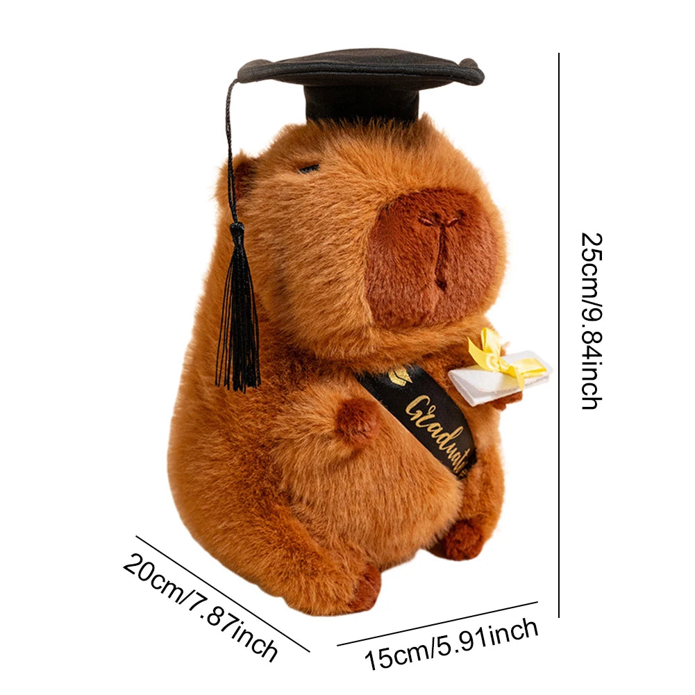 Plush toy capybara wearing a graduation cap and gown with measurements on a white background