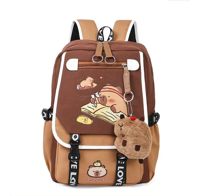 Waterproof Capybara Backpack or Schoolbag for Kids and Teenagers with Plush Keychain